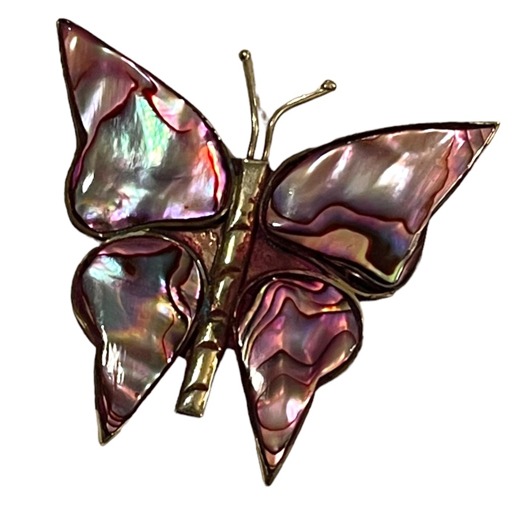Vintage Alpaca Mexico Purple Abalone silver large butterfly brooch - Picture 3 of 6